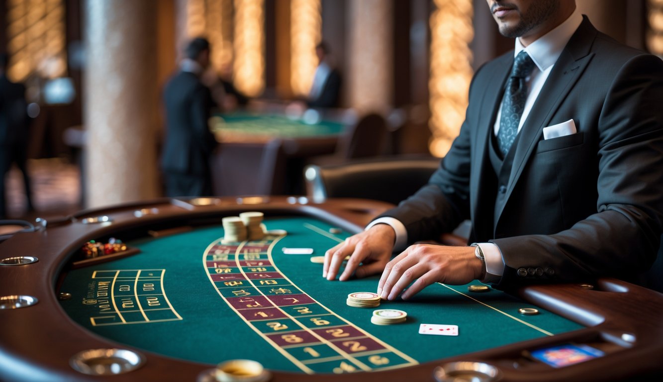 Meja baccarat pribadi mewah dengan dealer yang sedang mengatur permainan di lingkungan kasino yang aman dan tertutup.