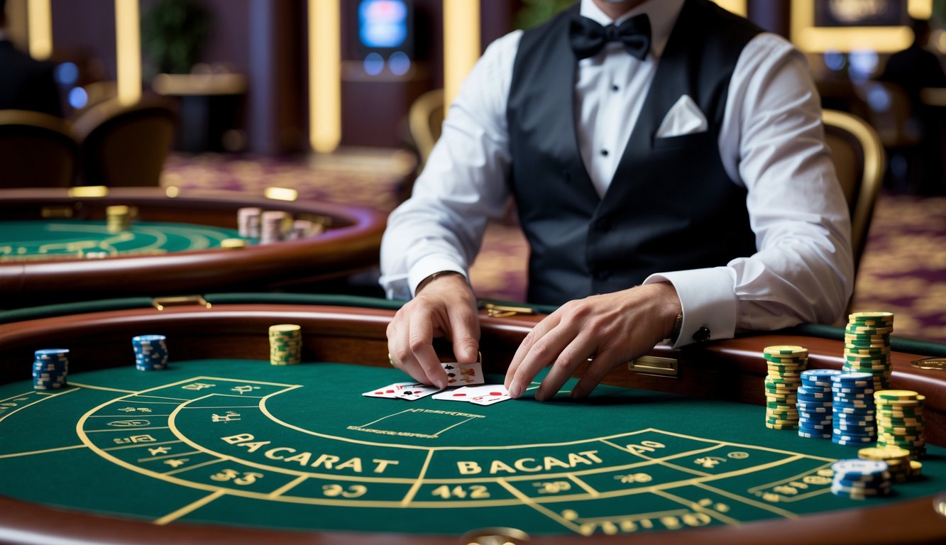 Meja baccarat pribadi yang mewah dengan dealer berpakaian rapi sedang membagikan kartu di kasino yang elegan.