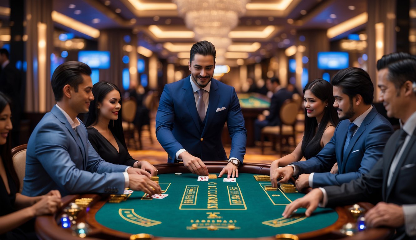 Seorang dealer profesional melayani permainan baccarat di meja privat dengan beberapa pemain di kasino mewah.