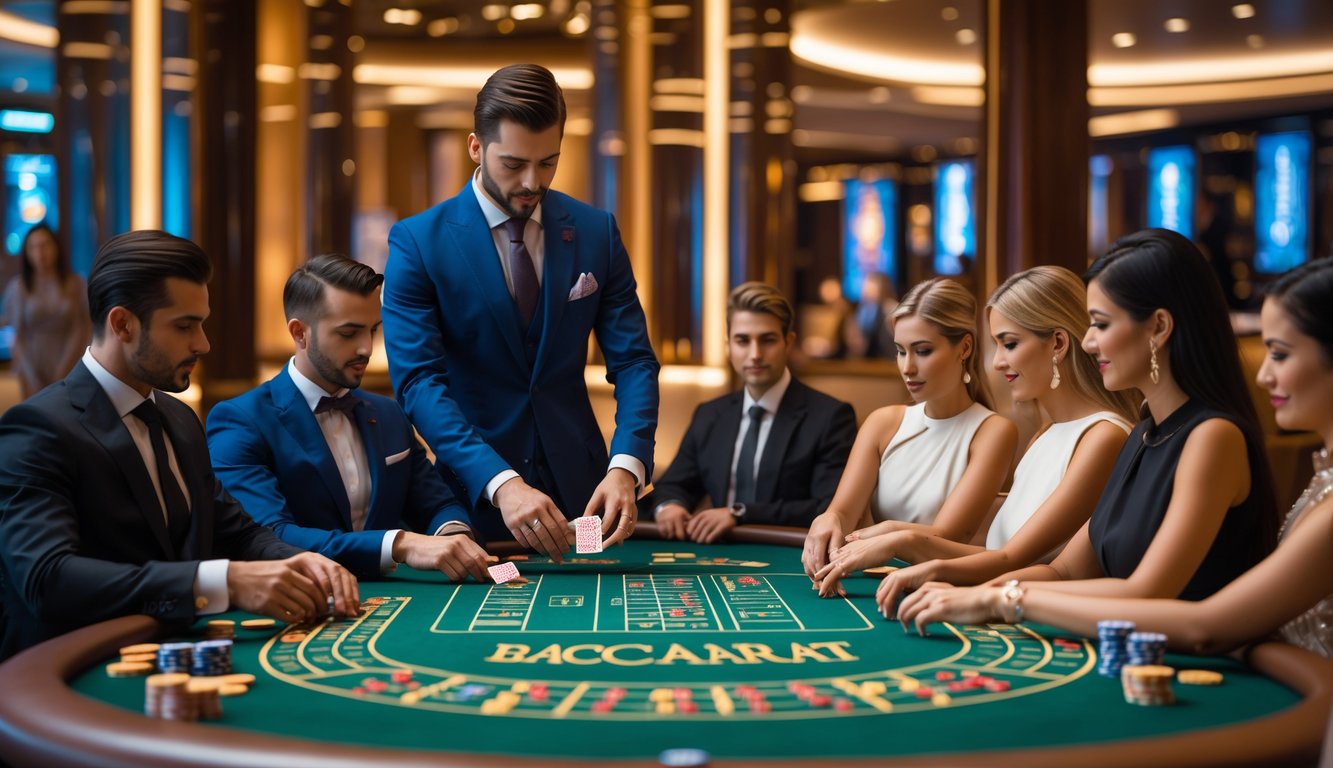 Seorang dealer dan beberapa pemain berpakaian rapi duduk di meja baccarat pribadi di kasino mewah.