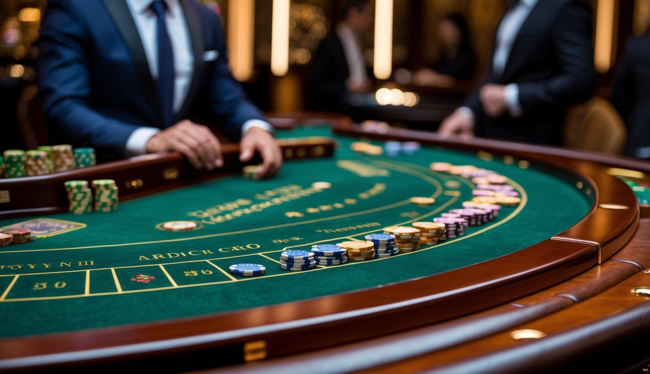 Meja baccarat pribadi mewah dengan chip taruhan dan dealer di kasino yang elegan.