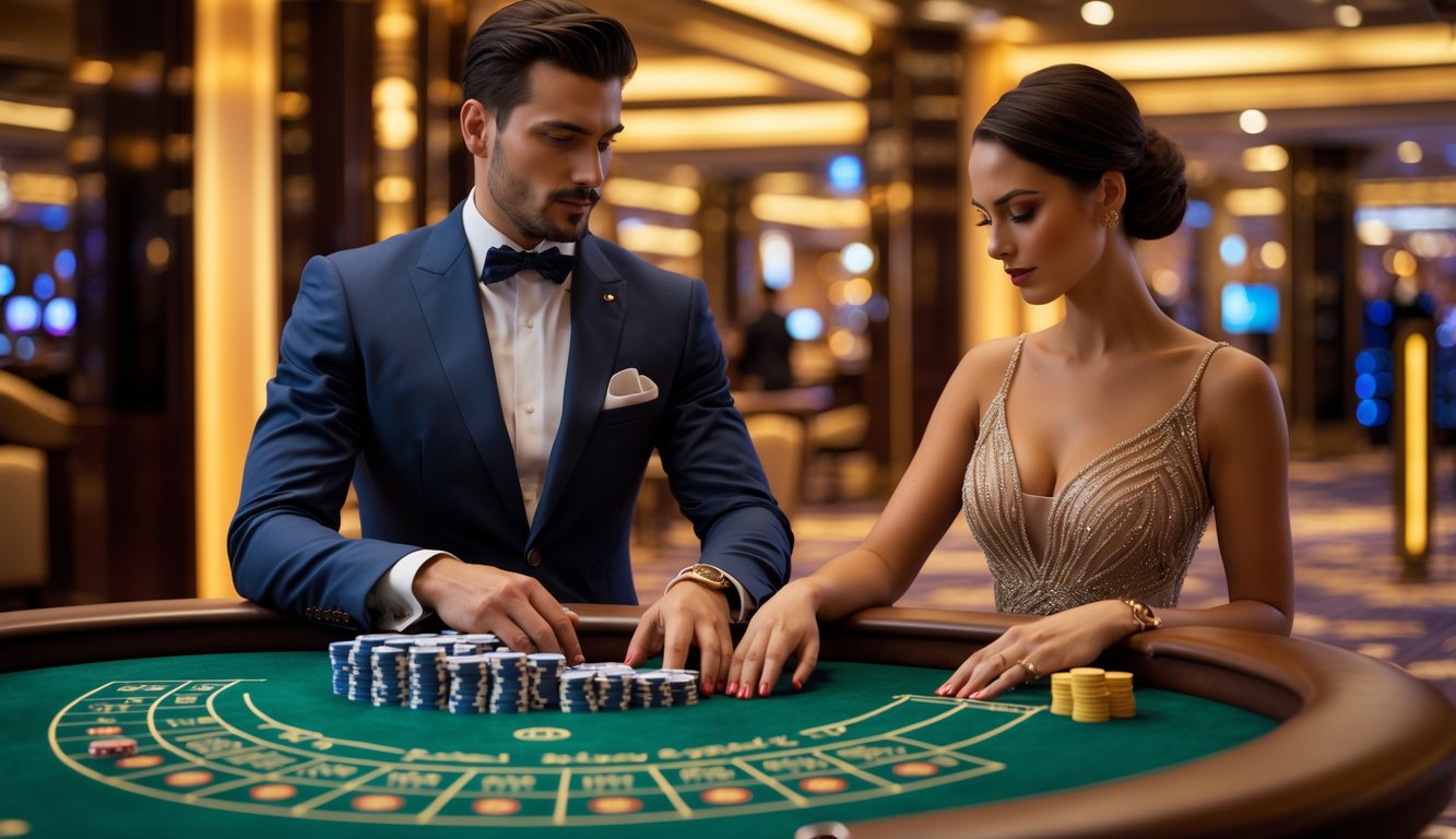 Meja baccarat VIP pribadi dengan dua pemain berpakaian rapi sedang fokus bermain di kasino mewah.