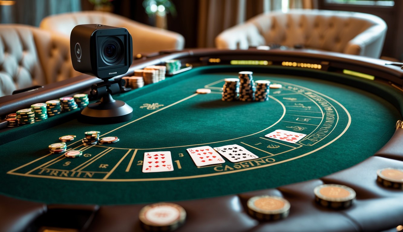 Meja baccarat pribadi mewah dengan kartu dan chip, kamera streaming HD, dan suasana kasino yang elegan.