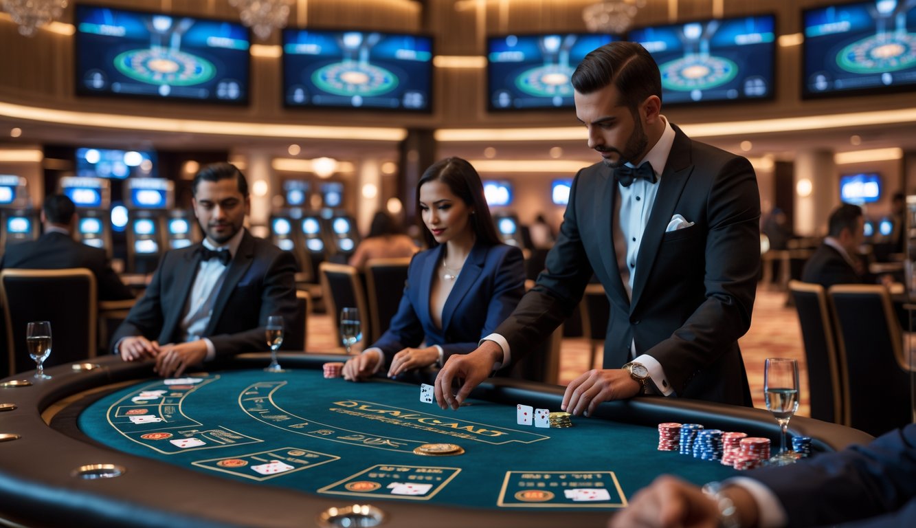 Meja baccarat pribadi dengan dealer dan beberapa pemain di kasino mewah, layar besar menampilkan siaran langsung permainan.