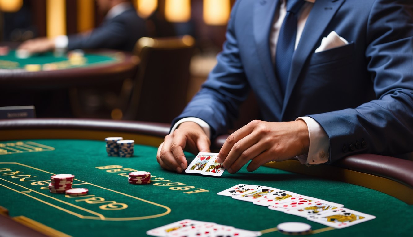 Meja baccarat pribadi yang mewah dengan dealer profesional sedang membagikan kartu di kasino eksklusif.