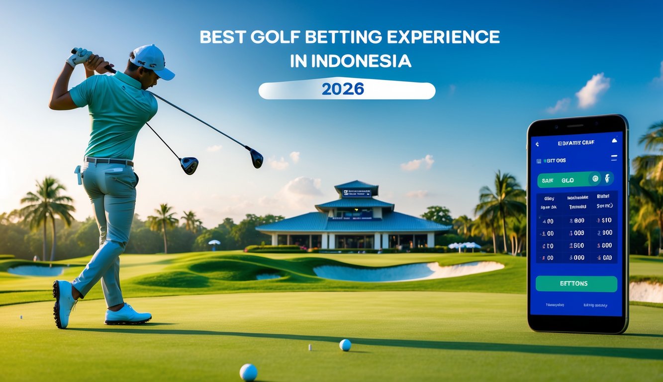 Seorang pegolf sedang bersiap melakukan ayunan di lapangan golf yang hijau dengan langit cerah dan gedung klub golf di latar belakang.