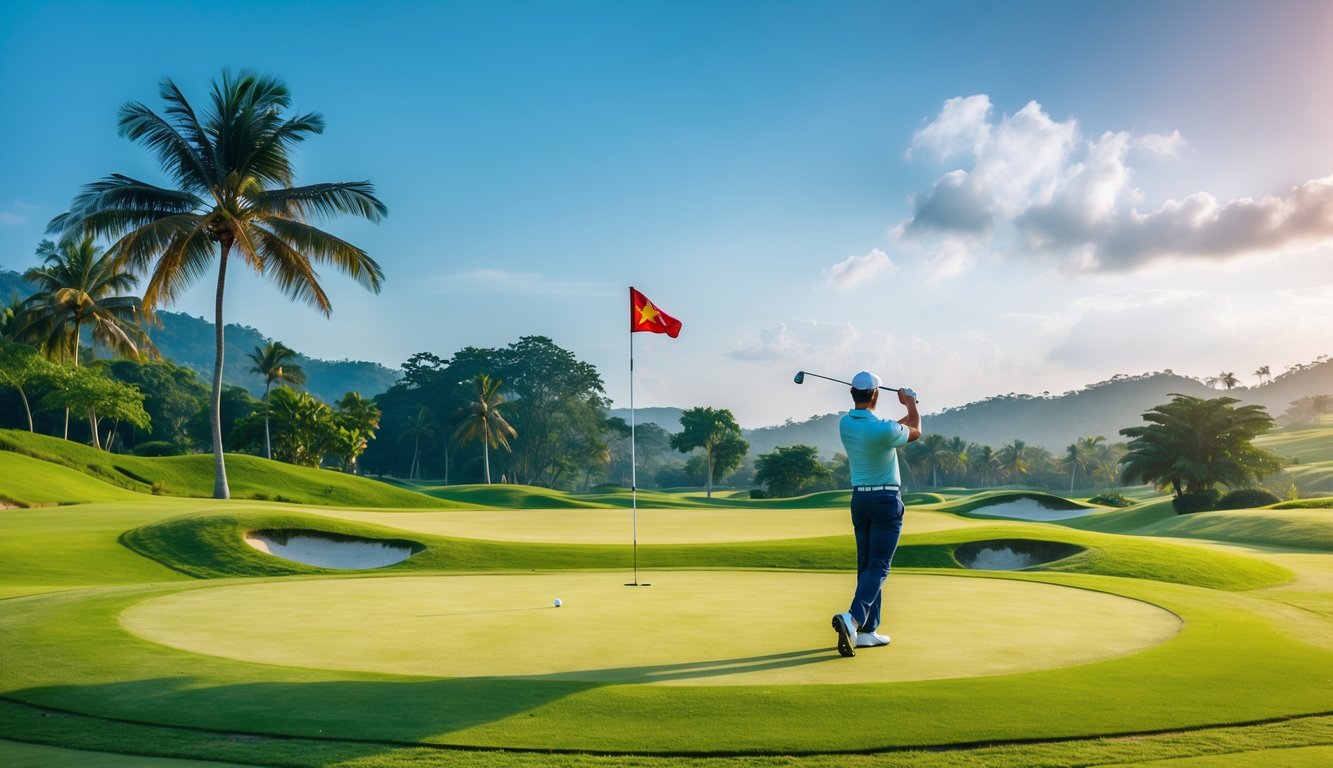 Seorang pegolf sedang bersiap melakukan ayunan di lapangan golf yang hijau dan rindang dengan latar perbukitan dan langit biru cerah.