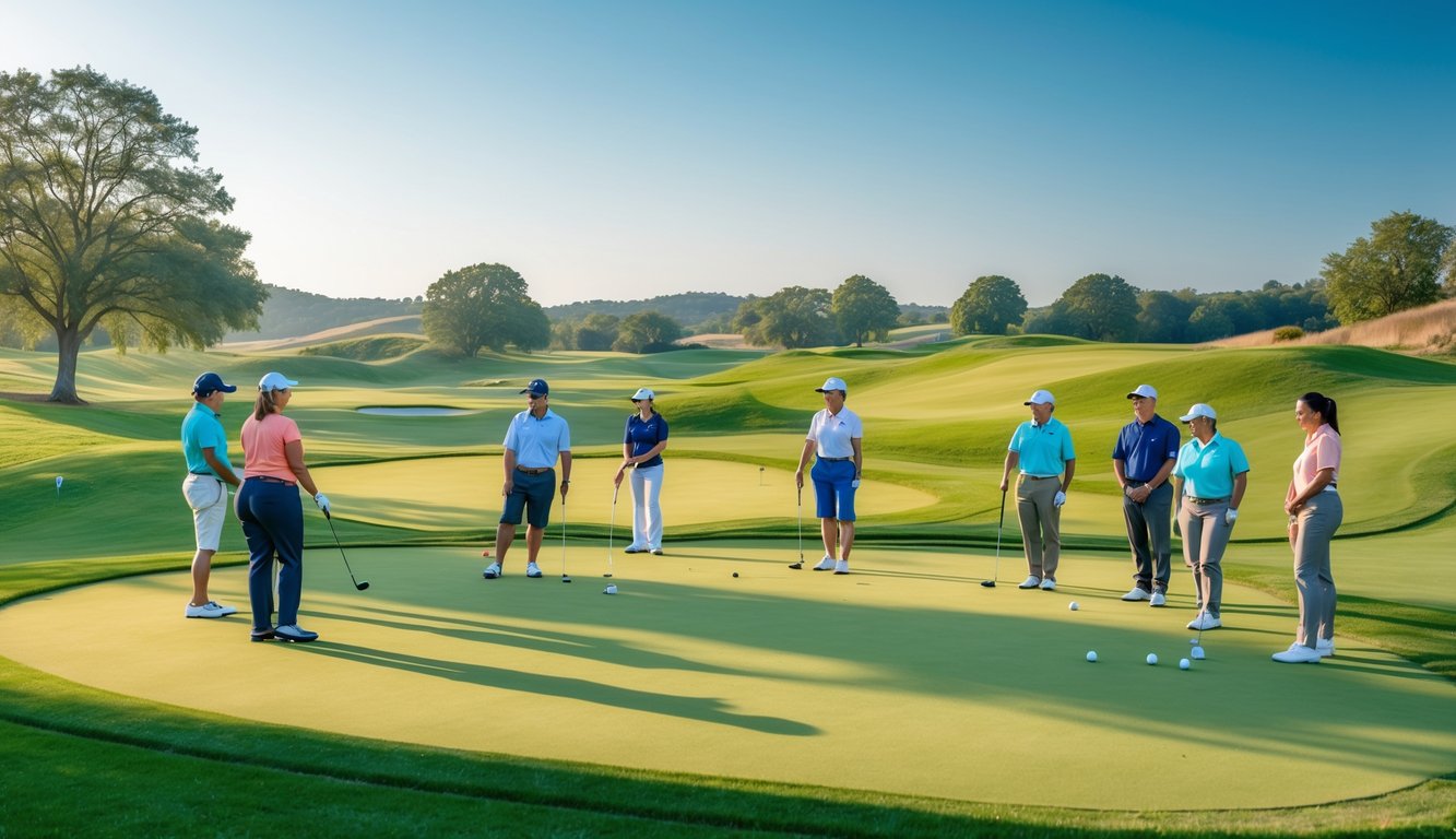 Lapangan golf yang hijau dengan beberapa orang berpakaian golf sedang bersiap bermain golf di bawah langit cerah.