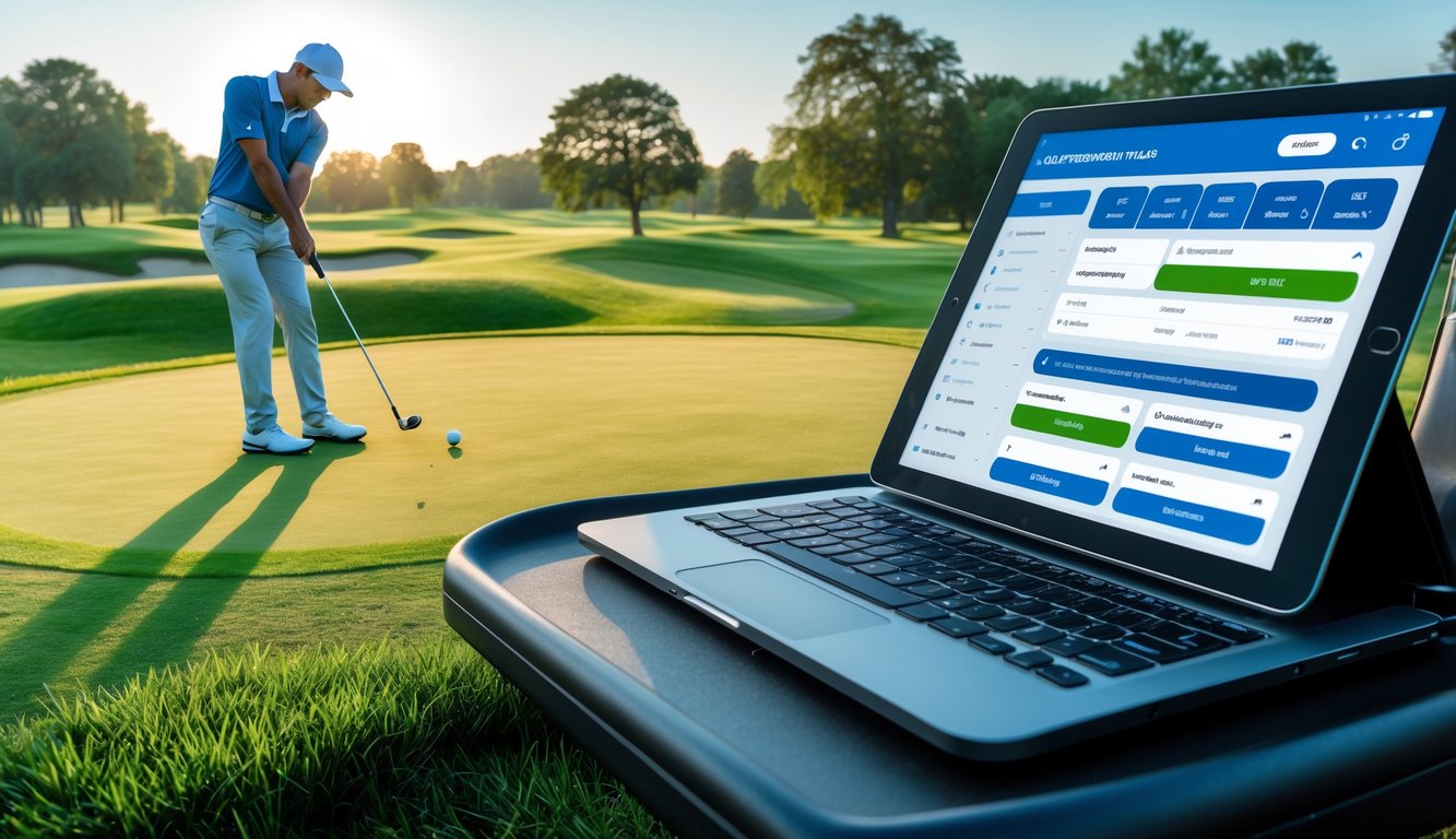Seorang pemain golf sedang mengayunkan tongkat golf di lapangan golf yang hijau dan rapi dengan langit cerah di siang hari, di dekatnya terdapat perangkat digital yang menunjukkan aplikasi taruhan olahraga.