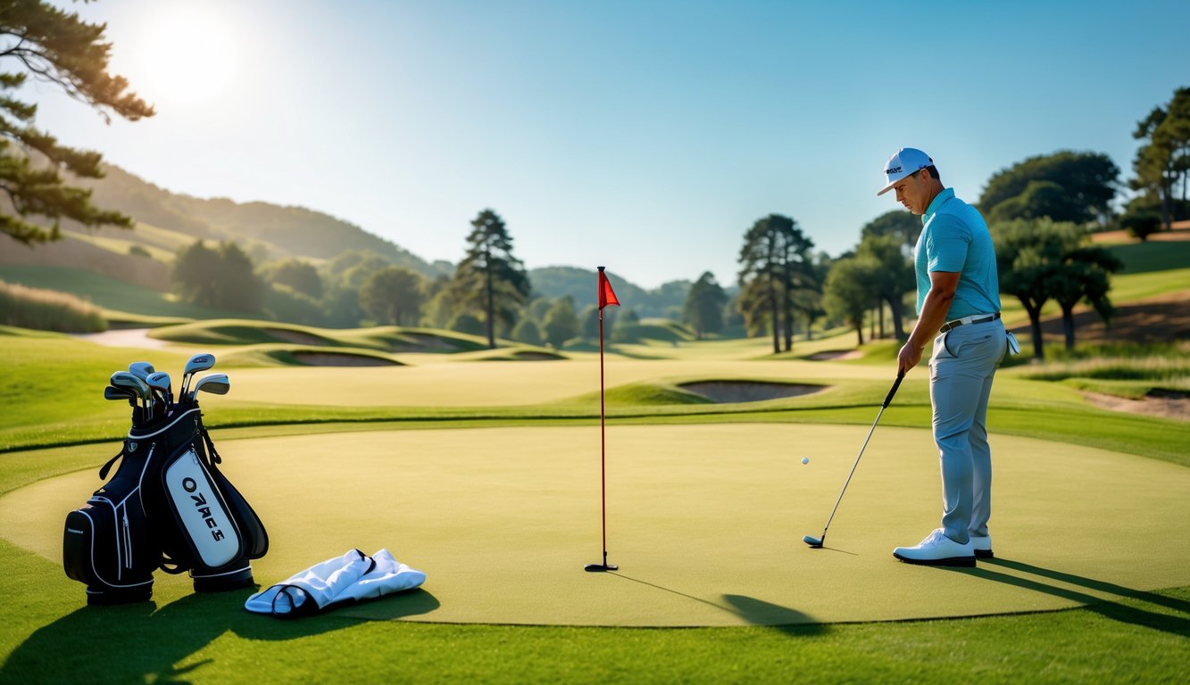 Seorang pemain golf sedang bersiap memukul bola di lapangan golf yang hijau dan rapi pada hari cerah.
