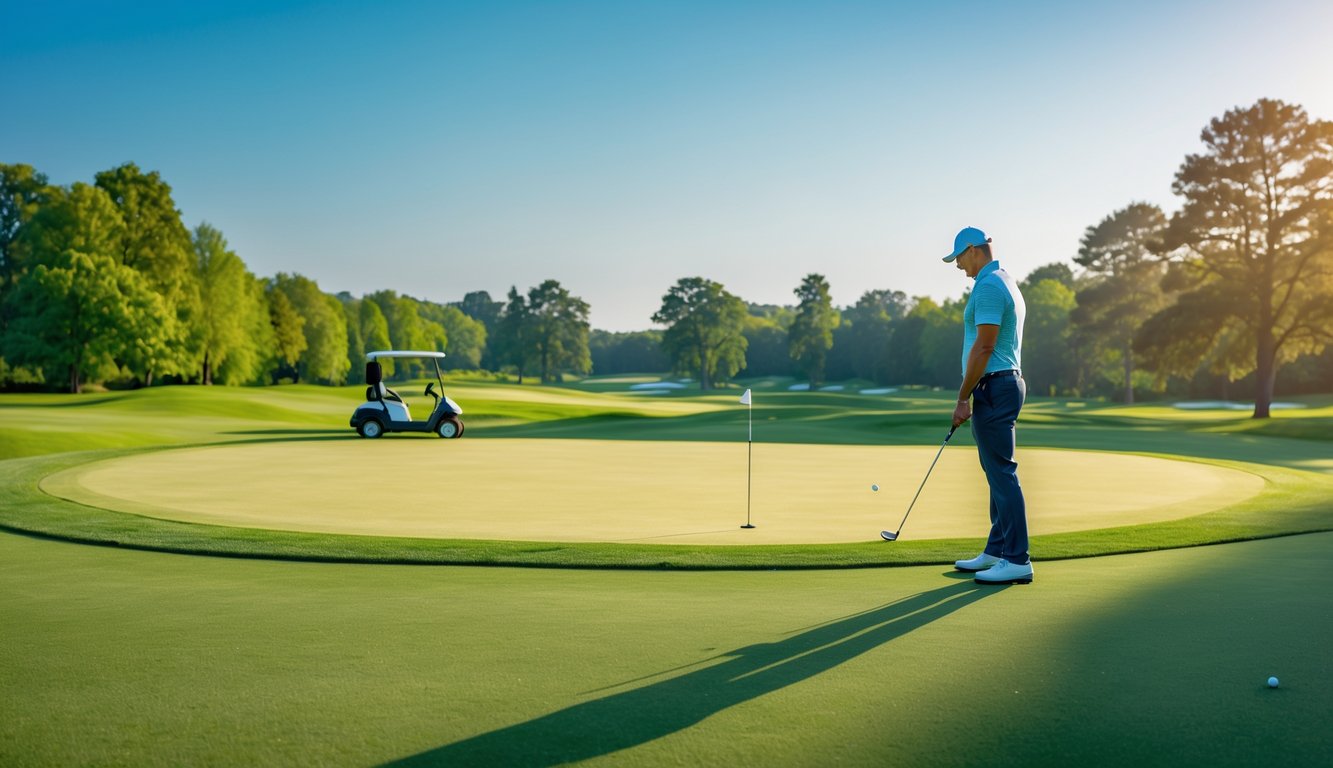 Seorang pemain golf sedang bersiap memukul bola di lapangan golf yang hijau dan terawat dengan langit cerah di latar belakang.