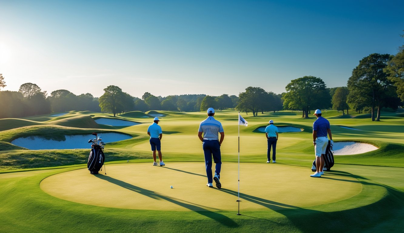 Lapangan golf yang hijau dengan beberapa pemain golf sedang bersiap melakukan pukulan di bawah langit cerah.