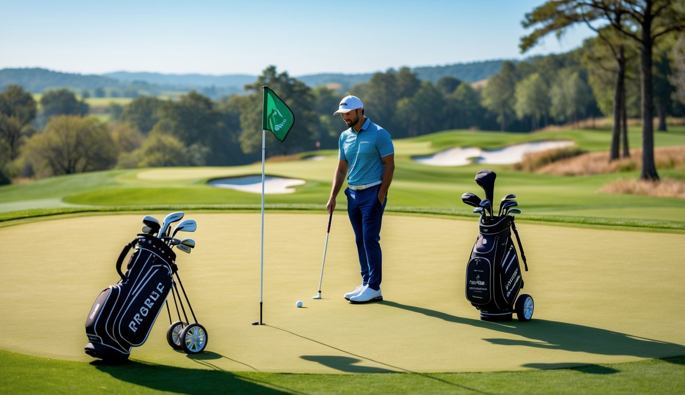 Seorang pemain golf sedang bersiap memukul bola di lapangan golf yang hijau dan cerah dengan latar belakang perbukitan dan langit biru.