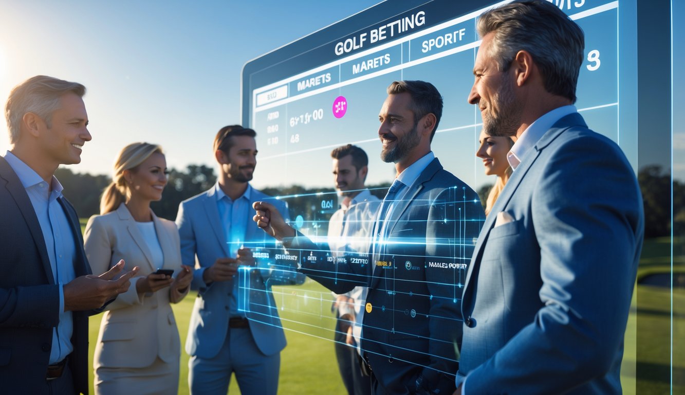 Orang-orang menggunakan layar sentuh digital dengan latar belakang lapangan golf yang tampak samar.