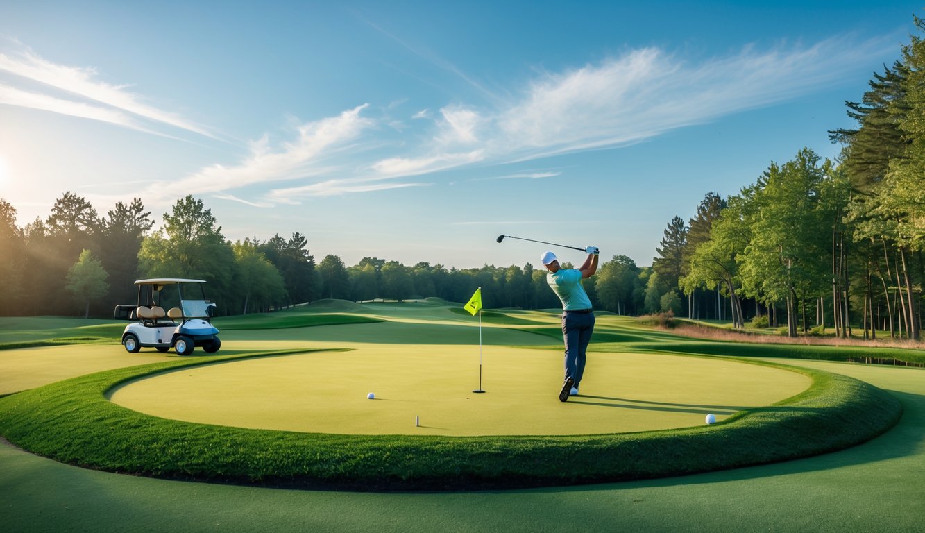 Pemandangan lapangan golf dengan seorang pemain golf sedang mengayunkan tongkat golf, kereta golf di dekatnya, dan langit cerah di latar belakang.
