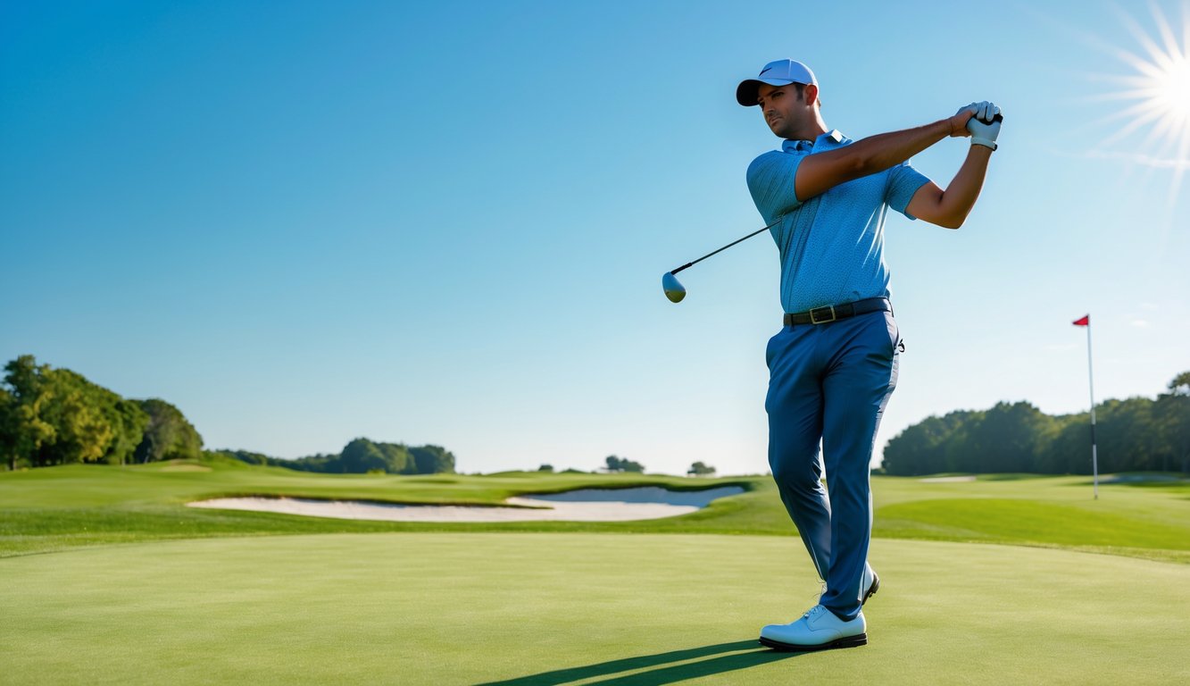 Seorang pegolf pria sedang melakukan ayunan di lapangan golf yang hijau dan cerah dengan langit biru di latar belakang.