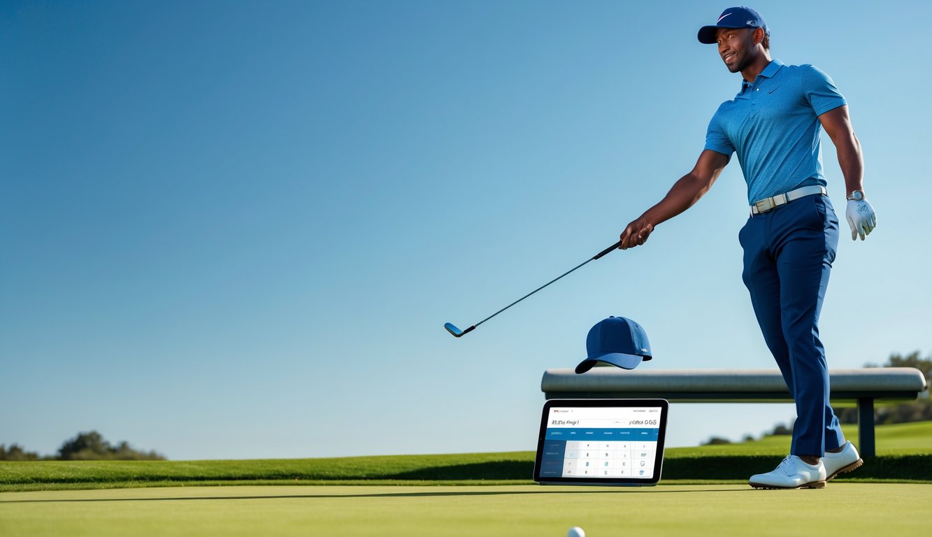 Seorang pemain golf pria sedang melakukan ayunan di lapangan golf hijau dengan langit cerah dan bendera lubang terlihat di latar belakang.