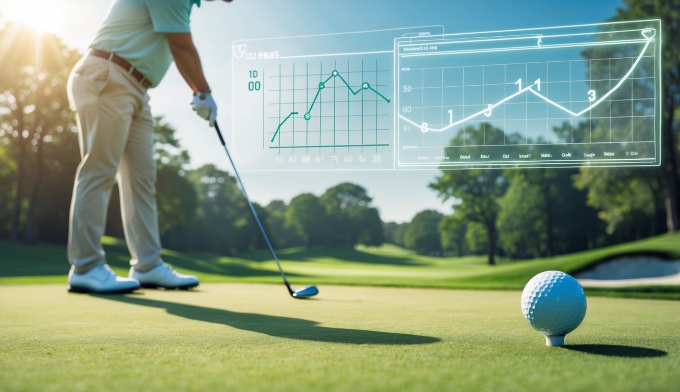 Seorang pegolf sedang melakukan ayunan di lapangan golf yang hijau dengan latar belakang grafik analisa handicap golf yang transparan.