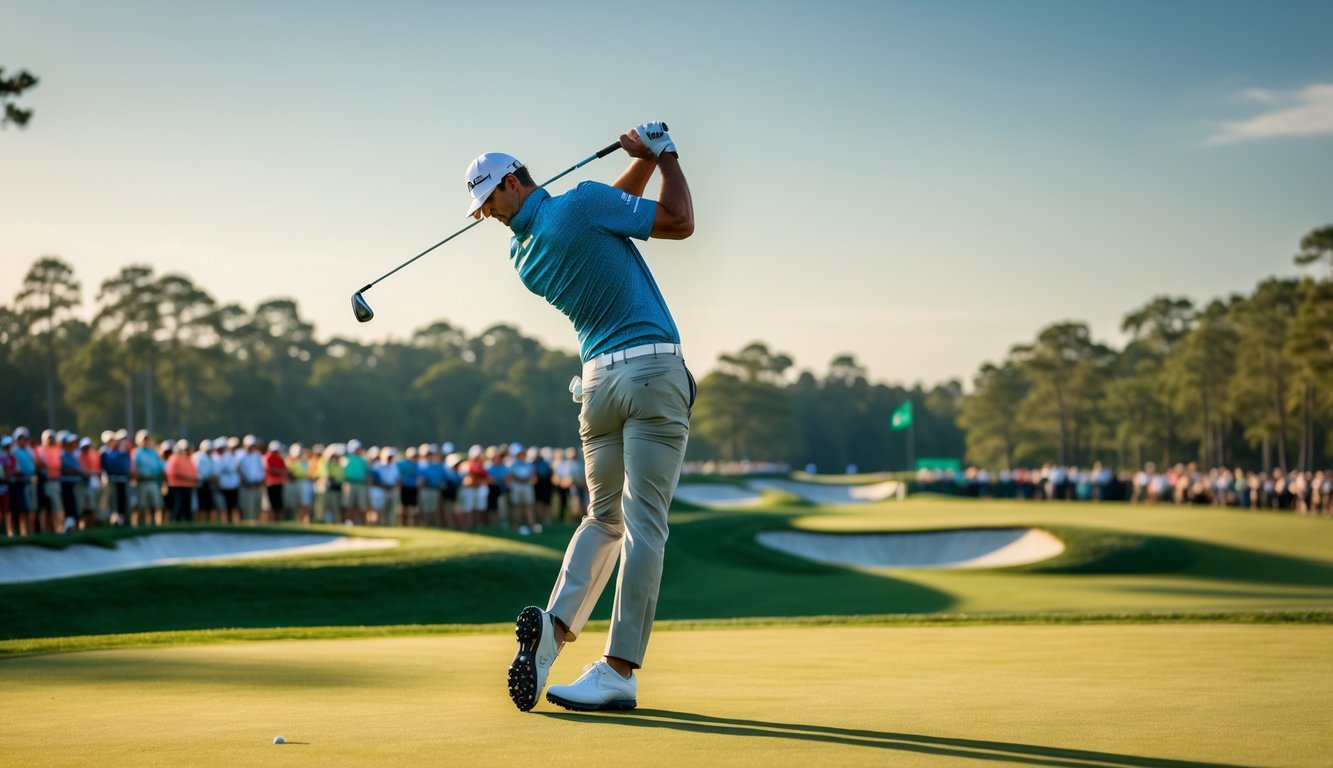 Seorang pemain golf sedang melakukan ayunan di lapangan golf hijau dengan penonton di latar belakang saat turnamen besar berlangsung.