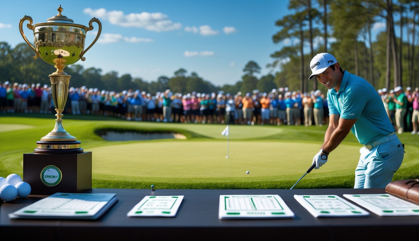 Seorang pegolf sedang melakukan ayunan di lapangan golf hijau dengan trofi kejuaraan dan penonton di latar belakang.