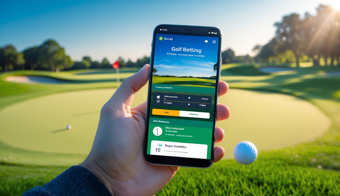 Seseorang memegang ponsel dengan tampilan aplikasi taruhan golf di latar belakang lapangan golf yang hijau dan cerah.