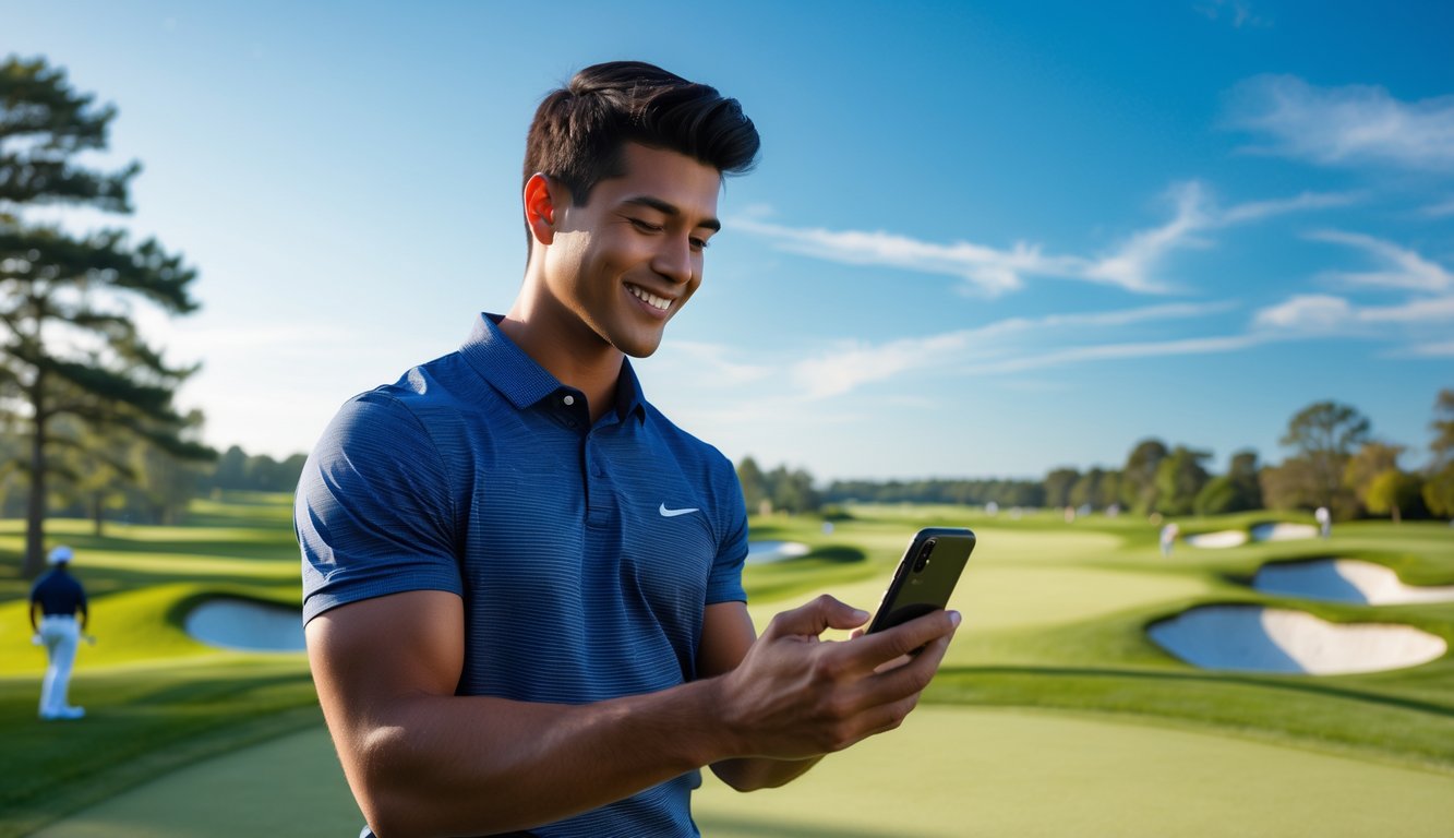 Seorang pria muda tersenyum menggunakan ponsel di lapangan golf yang hijau dengan langit biru cerah.