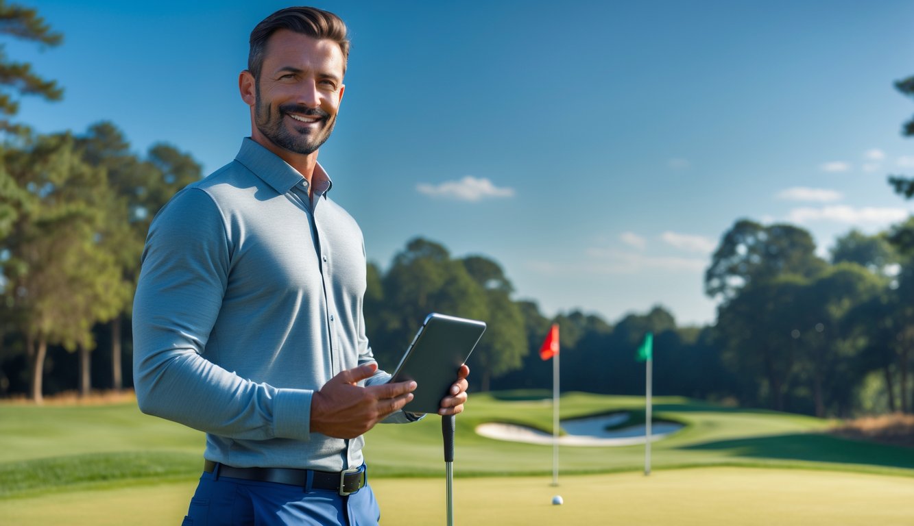 Seorang pria berdiri di lapangan golf dengan pakaian kasual rapi, memegang tongkat golf dan perangkat elektronik, di bawah langit cerah.