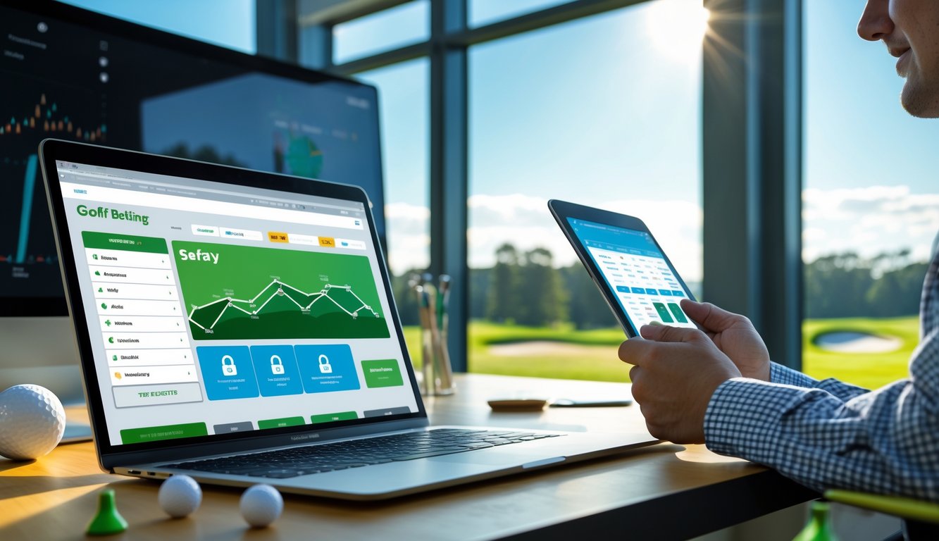 Seorang pria di ruang kerja modern sedang melihat data taruhan golf online dengan latar belakang lapangan golf di luar jendela.