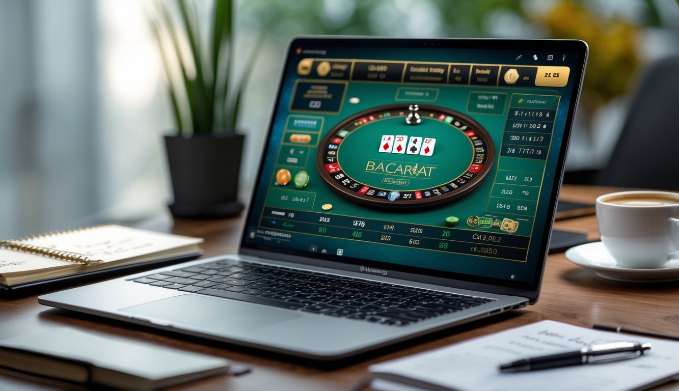 Seorang pemula sedang belajar bermain baccarat online dengan laptop yang menampilkan meja baccarat digital dan alat tulis di meja.