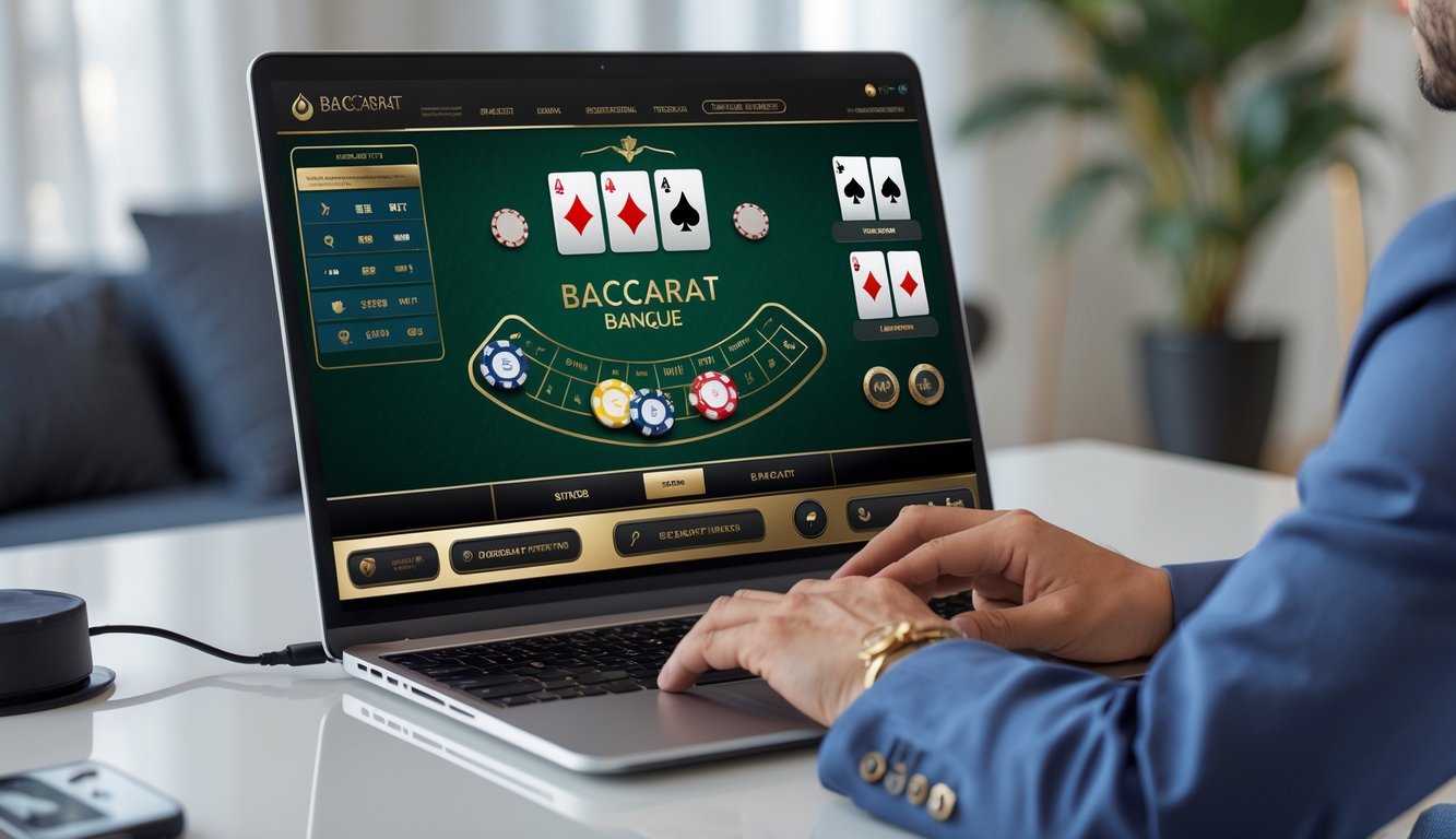 Seseorang menggunakan komputer dengan tampilan permainan baccarat banque online di layar dalam ruangan yang terang dan rapi.