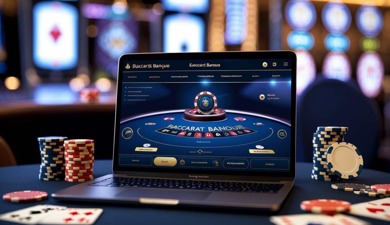 Seorang pengguna sedang melihat layar komputer dengan permainan Baccarat Banque online, di meja terdapat chip poker dan kartu remi, suasana terlihat profesional dan aman.