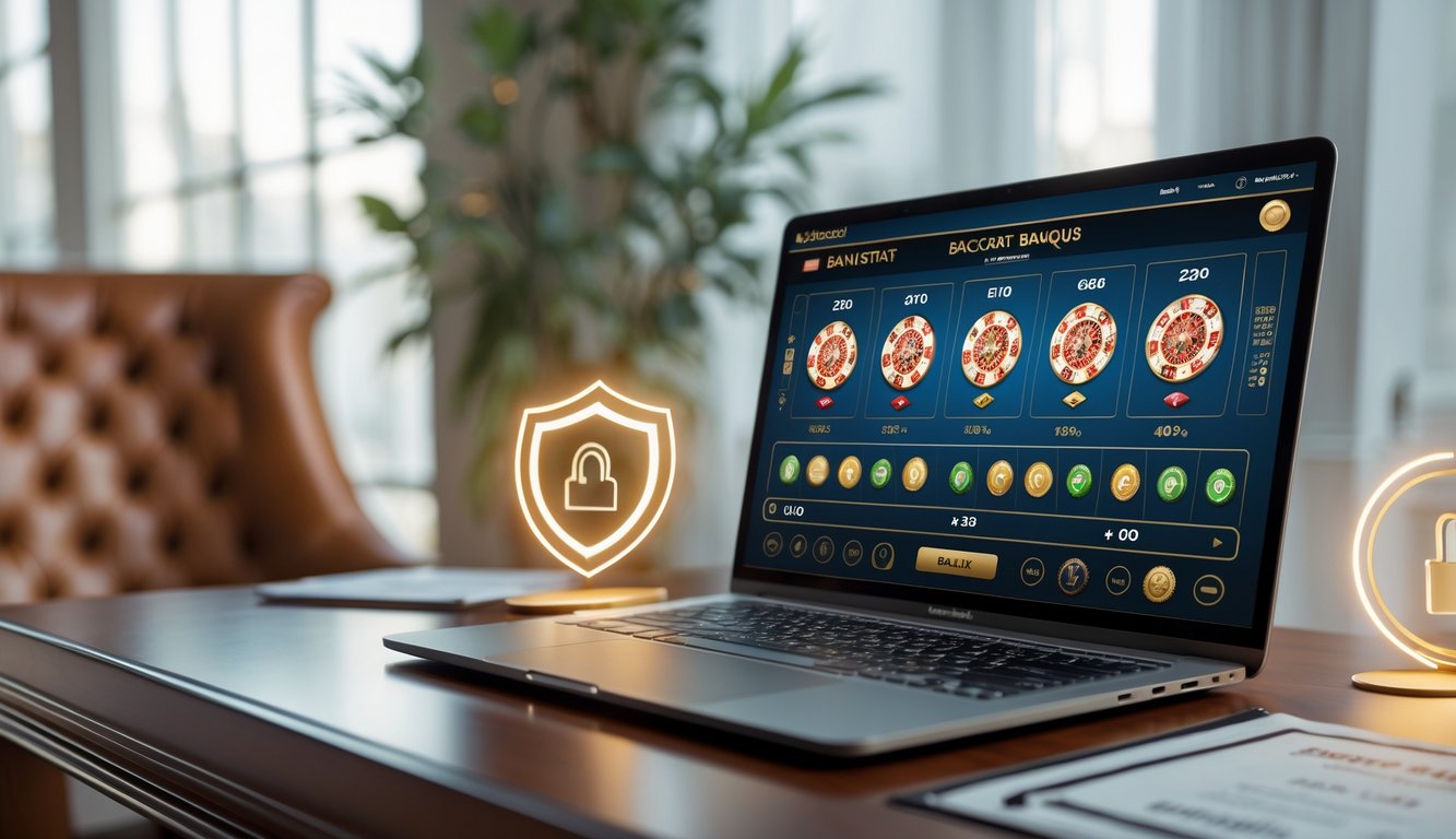 Seorang profesional menggunakan laptop dengan tampilan permainan Baccarat Banque online di meja kerja yang rapi dan aman.