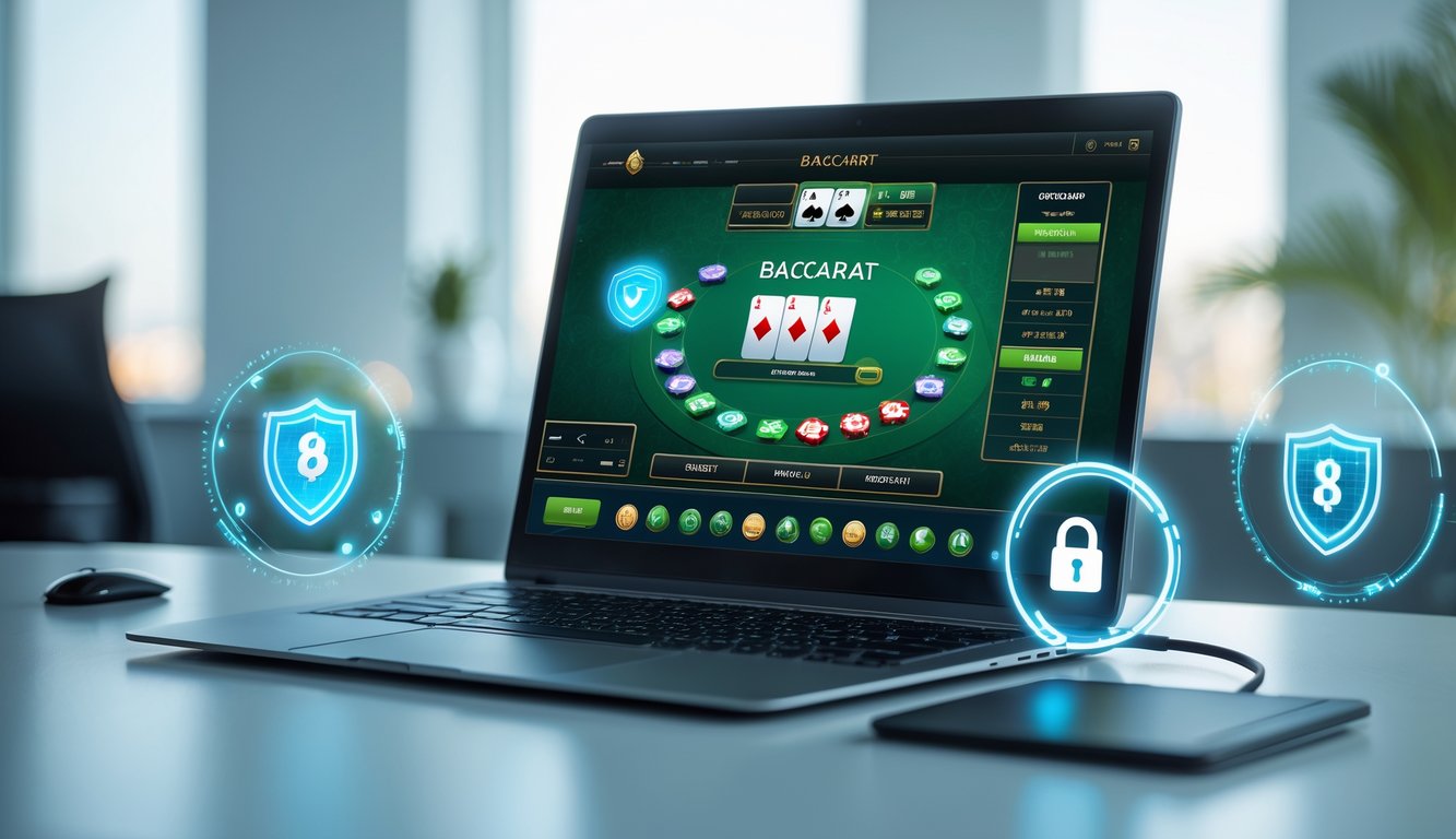 Seorang pengguna sedang bermain baccarat online di komputer dengan simbol keamanan di latar belakang.
