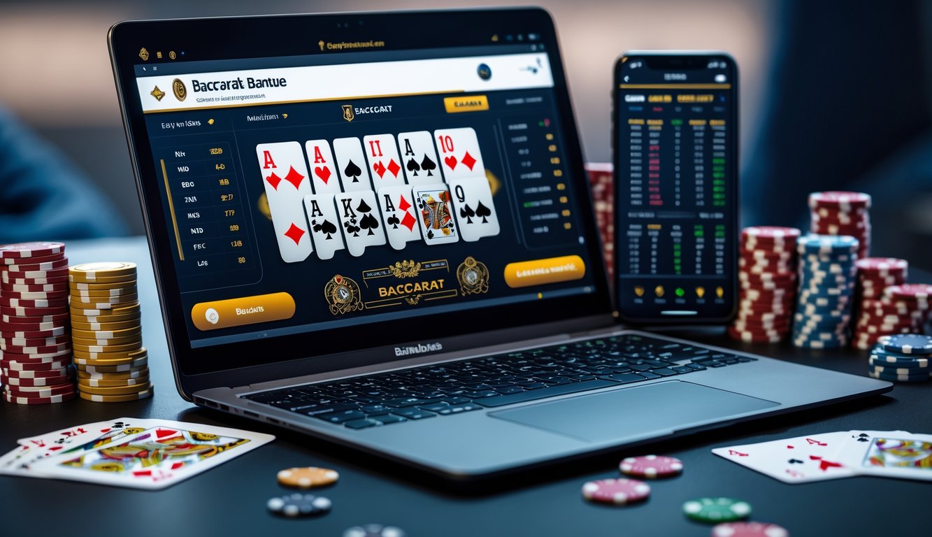 Seorang pemain sedang bermain baccarat banque online dengan laptop, kartu, dan chip poker di atas meja.