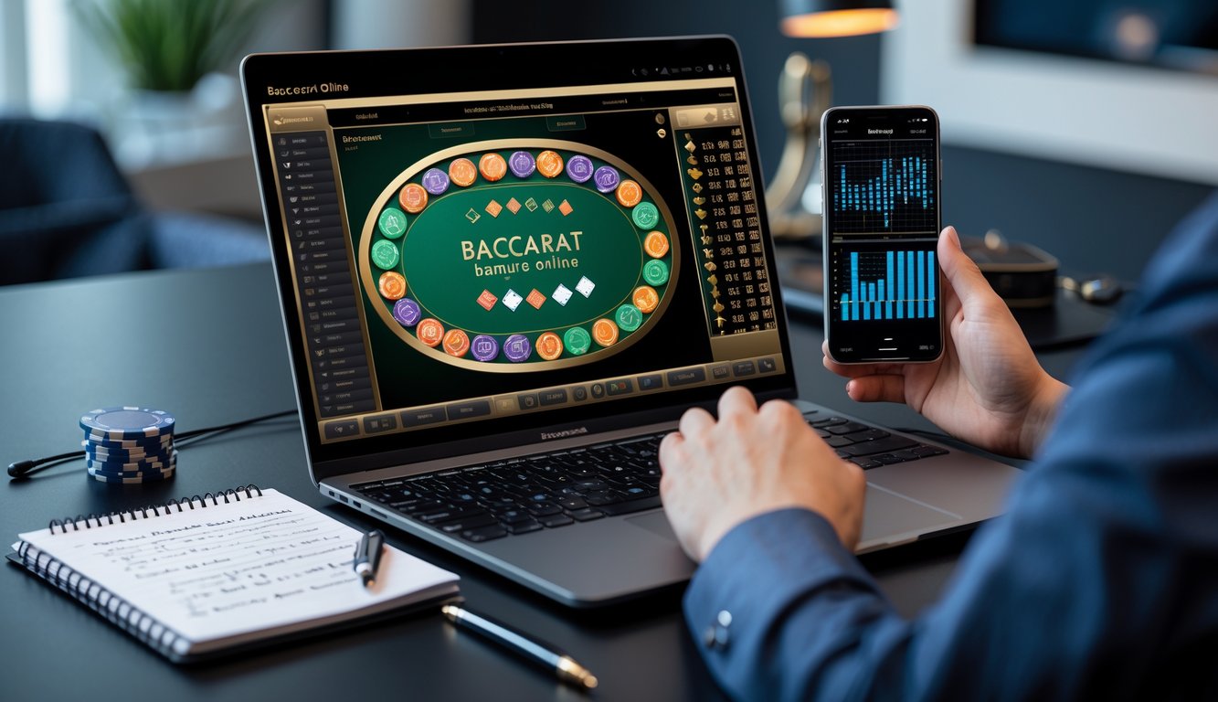 Seorang pemain sedang menggunakan komputer dengan tampilan permainan baccarat banque online, di meja terdapat catatan dan grafik yang menunjukkan pola dan prediksi permainan.