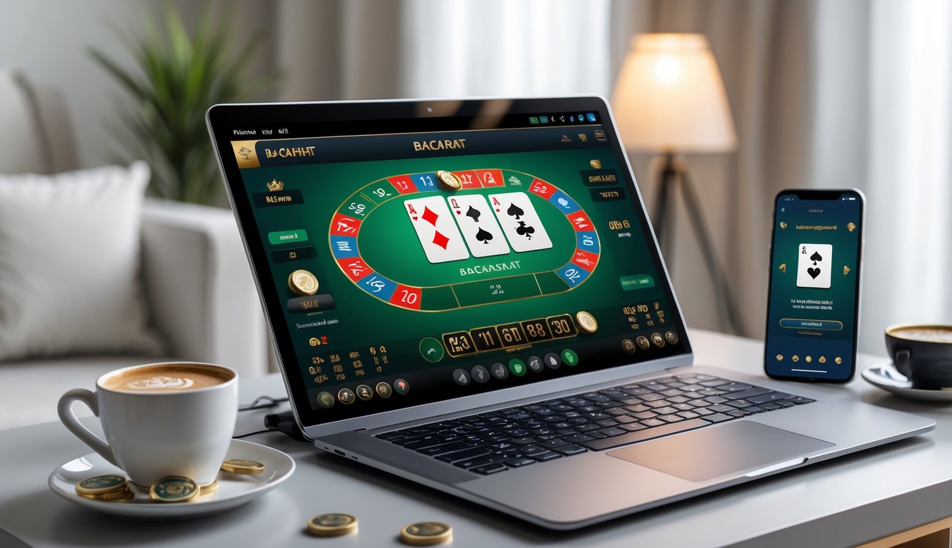 Seorang pemain menggunakan laptop untuk bermain baccarat online di lingkungan rumah yang nyaman dengan kartu dan chip terlihat di layar.