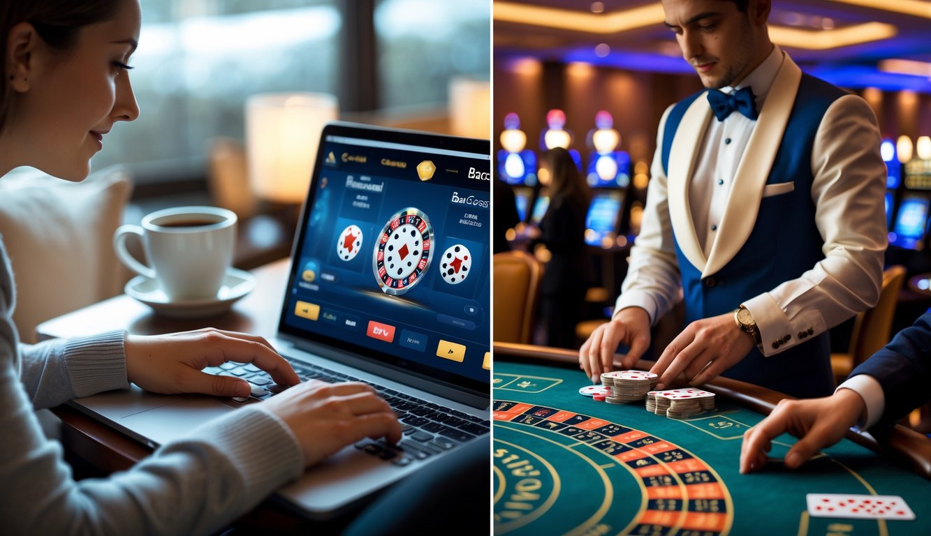 Seseorang bermain Baccarat Banque online di laptop di rumah dan dealer sedang membagikan kartu di meja Baccarat di kasino langsung dengan pemain di sekitarnya.
