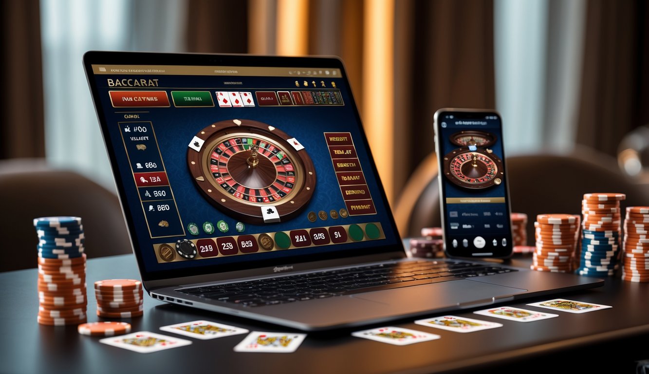 Sebuah laptop modern menampilkan permainan baccarat online dengan kartu dan chip kasino di sekitarnya.