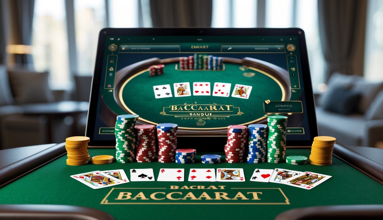Sebuah tampilan permainan baccarat banque online dengan kartu dan chip di meja hijau serta layar komputer yang menampilkan antarmuka permainan.