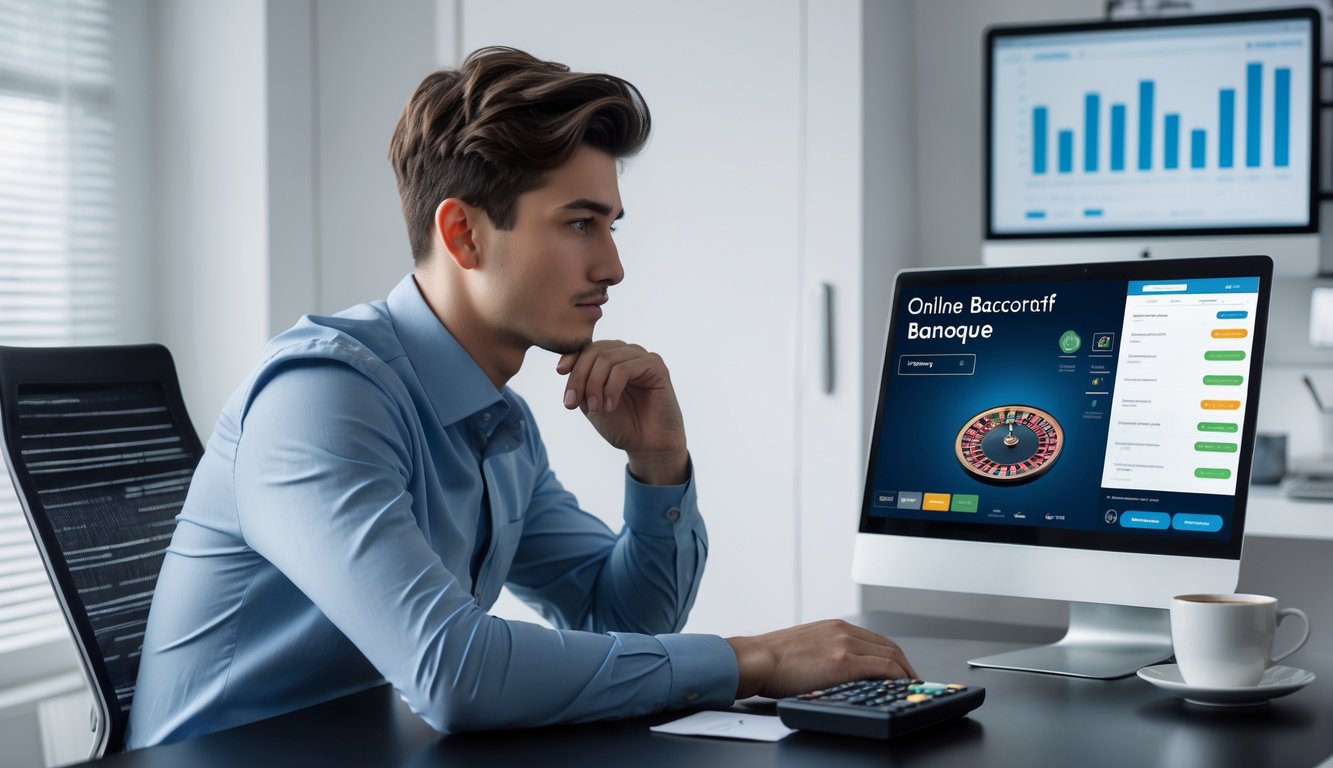 Seorang pria fokus duduk di depan laptop dengan permainan baccarat banque online, di meja terdapat catatan dan kalkulator, menunjukkan suasana manajemen modal yang serius.