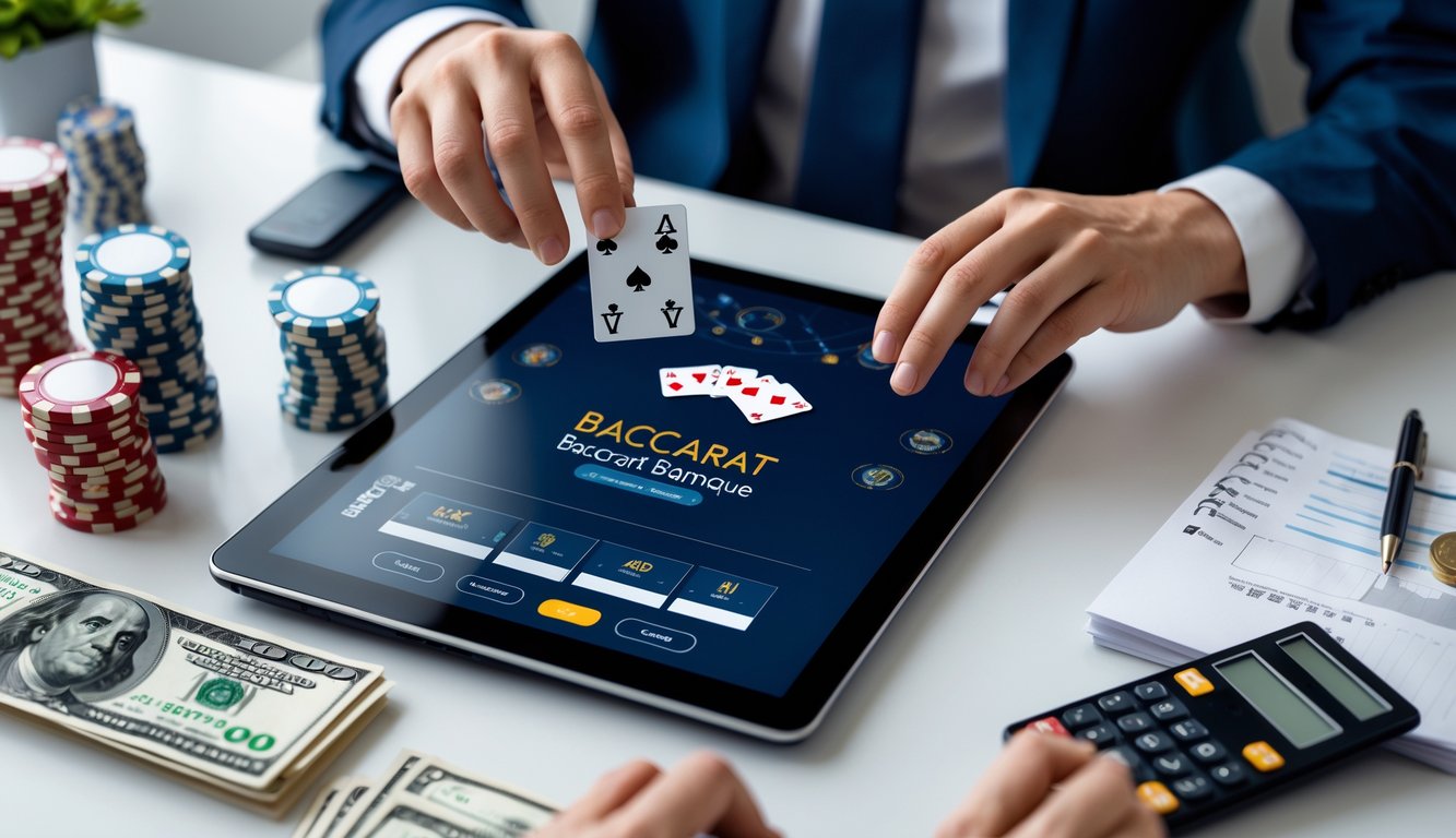 Seseorang sedang bermain Baccarat Banque online dengan chip taruhan dan catatan manajemen modal di meja kerja.