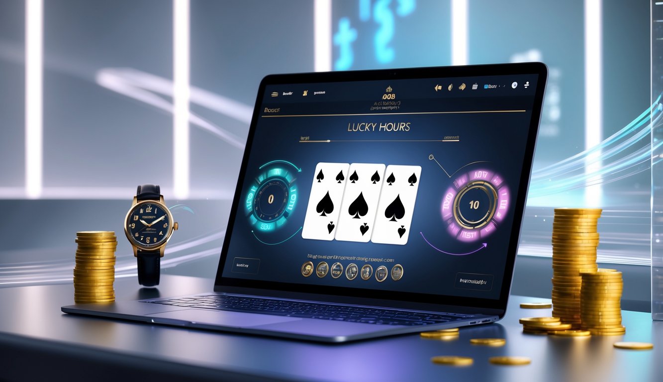 Seorang pemain duduk di depan laptop dengan tampilan permainan baccarat online, dikelilingi oleh jam tangan dan simbol keberuntungan.