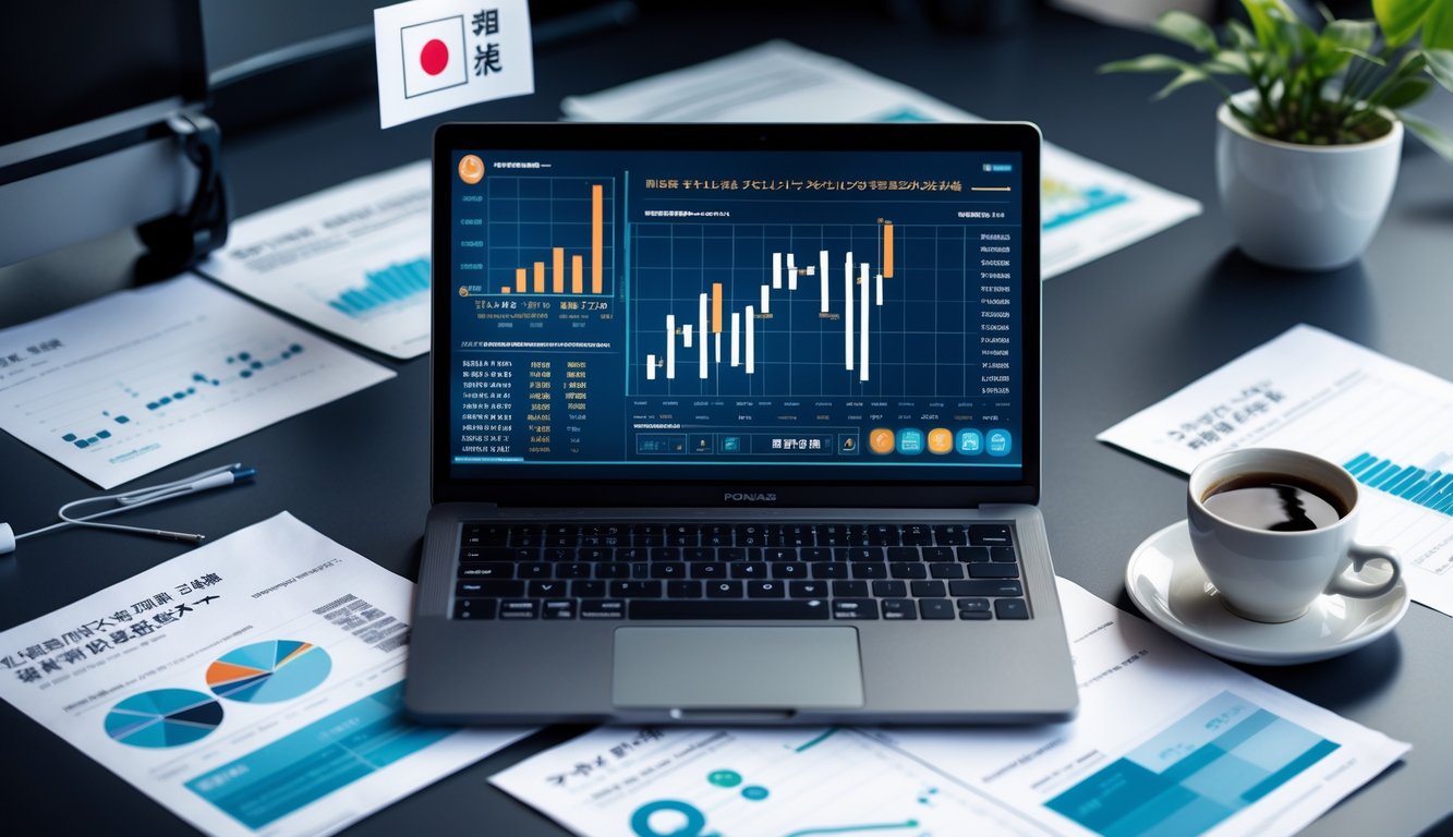 Meja kerja dengan laptop yang menampilkan grafik dan data angka, dikelilingi kertas statistik dan cangkir kopi, dengan latar belakang elemen yang mewakili Jepang.