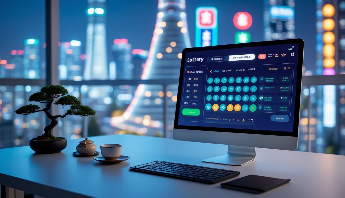 Sebuah meja kerja modern dengan komputer yang menampilkan antarmuka undian lotere langsung, dikelilingi oleh elemen budaya Jepang seperti bonsai dan teh hijau, dengan latar belakang pemandangan kota Tokyo di malam hari.