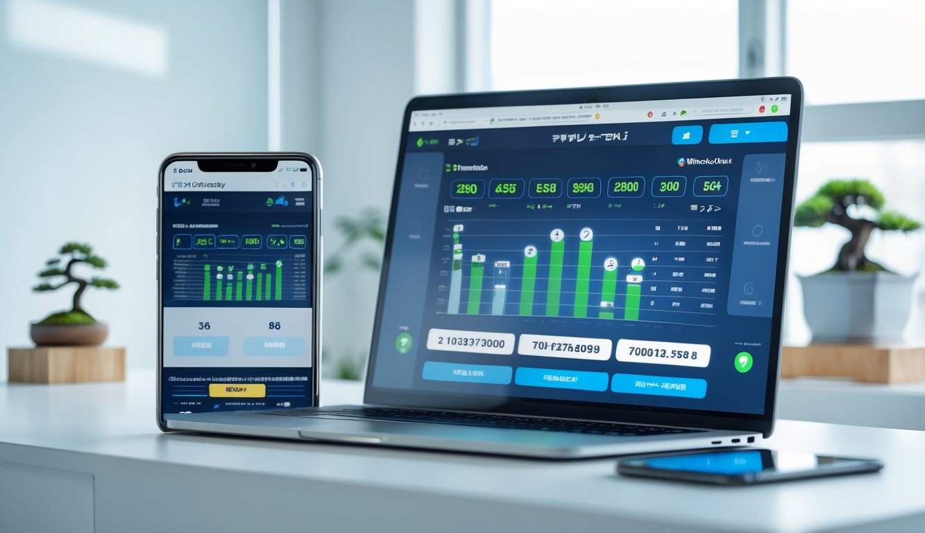 Sebuah laptop dan ponsel menampilkan antarmuka undian langsung di atas meja kantor dengan dekorasi Jepang dan pencahayaan alami.