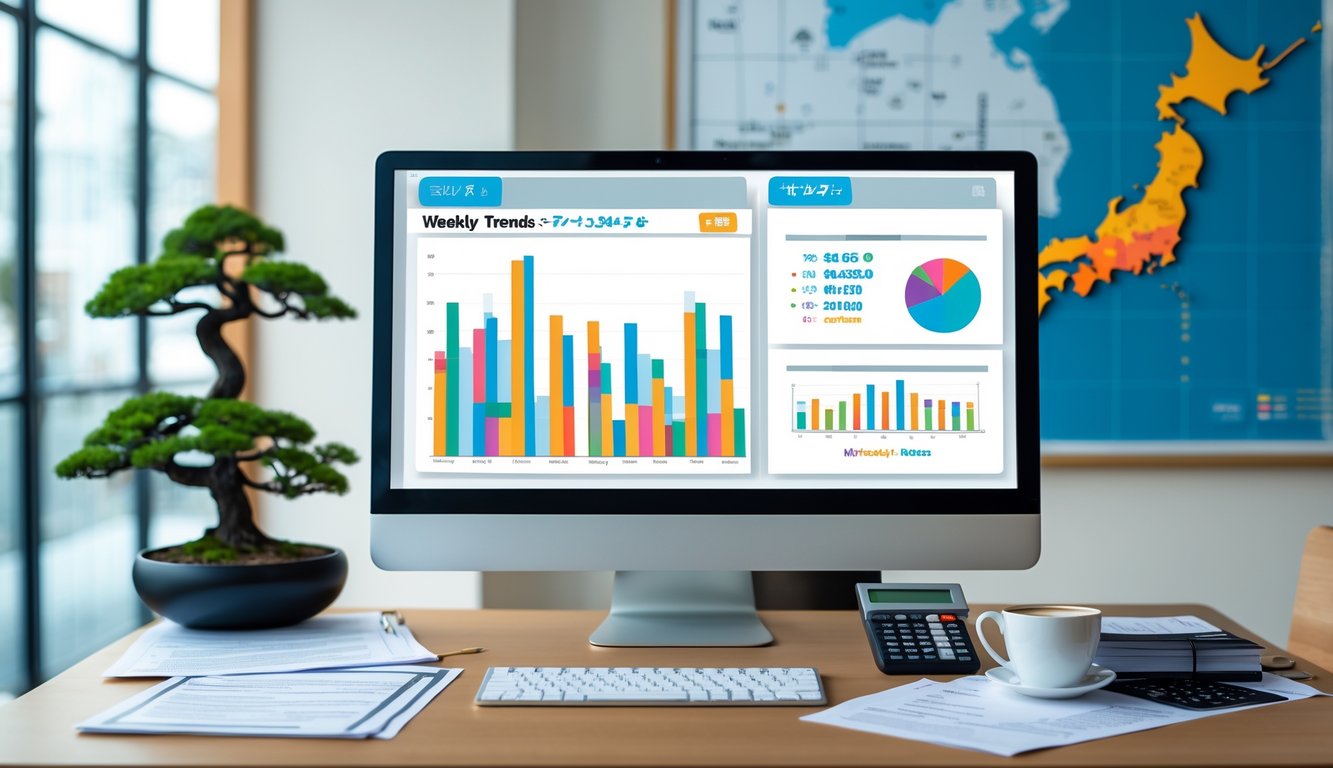 Meja kerja modern dengan komputer yang menampilkan grafik dan data statistik mingguan, dilengkapi dengan dokumen dan alat tulis, serta elemen dekorasi kecil yang menunjukkan tema Jepang.
