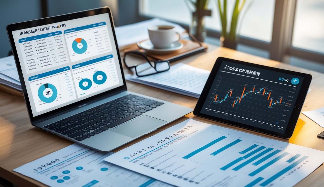 Meja kerja dengan laptop, tablet, dan kertas berisi grafik dan angka statistik togel Jepang.