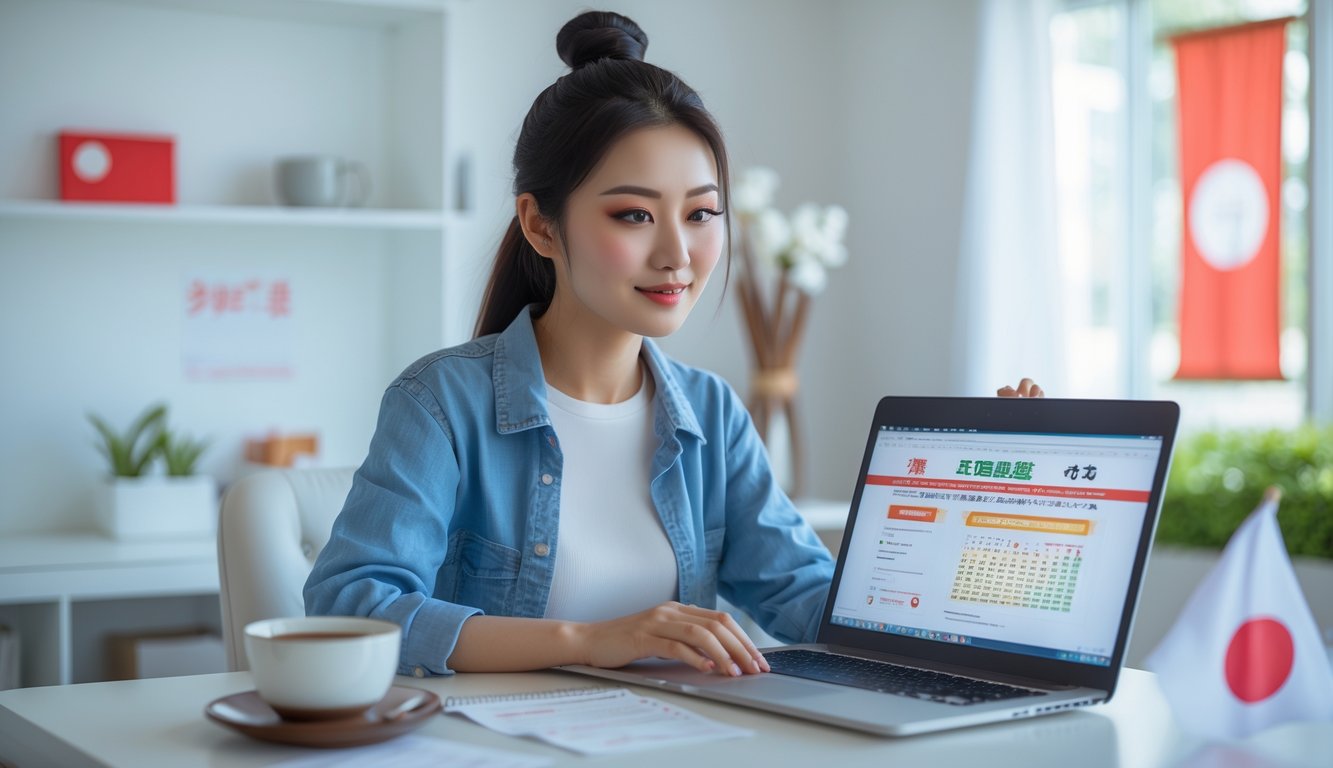 Seorang wanita muda duduk di depan laptop dengan latar belakang dekorasi Jepang, fokus pada layar komputer sambil merencanakan strategi bermain togel online Jepang.