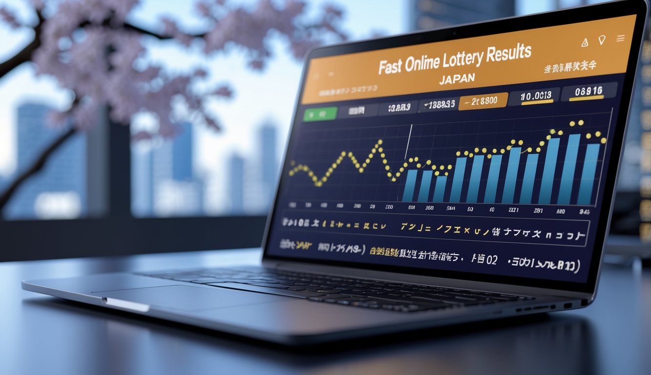 Sebuah komputer modern menampilkan data hasil togel Jepang secara real-time dengan latar belakang elemen budaya Jepang yang samar.
