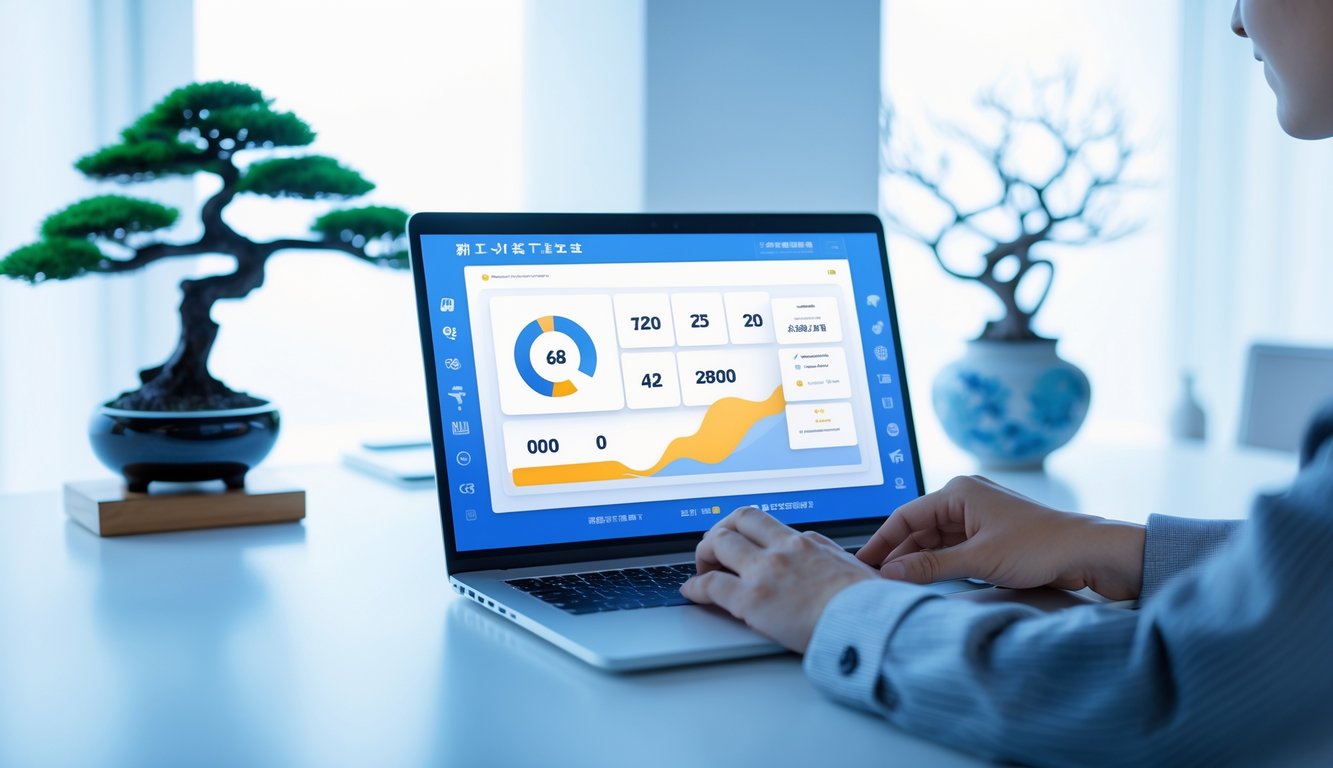 Seseorang menggunakan laptop di meja kerja dengan tanaman bonsai kecil di latar belakang, menggambarkan konsep lotere online yang aman dan resmi.